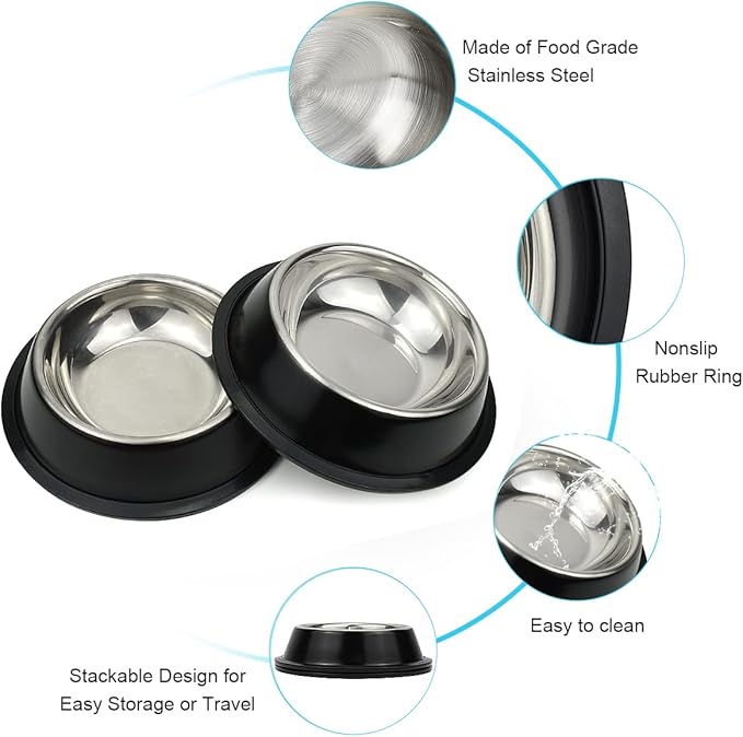 Stainless Steel Dog Bowls, Food and Water Non Slip Anti Skid Stackable Pet Puppy Dishes for Small, Medium and Large Dogs (2 Pack)