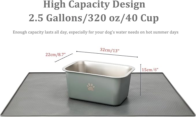 2.5 Gallons 40 Cup Non Slip Stainless Steel Large Dog Water Bowls, Outdoor Metal Dog Bowls Extra Large Breed, High Capacity Water Bowl for Big Giant Huge Dogs, Grey