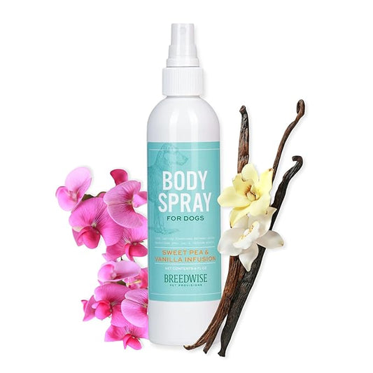 Dog Deodorizing Spray | Odor-Neutralizing Freshening Body Mist with Sweet Pea & Vanilla | Safe for Daily Use | 8oz Bottle - Made in USA - Breedwise