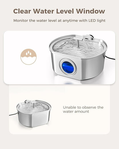 Cat Water Fountain Stainless Steel - Pet Drinking Fountain for Cats Indoor - 3.2L/108oz Automatic Water Dispenser with Watering Level Window (1 Filter)