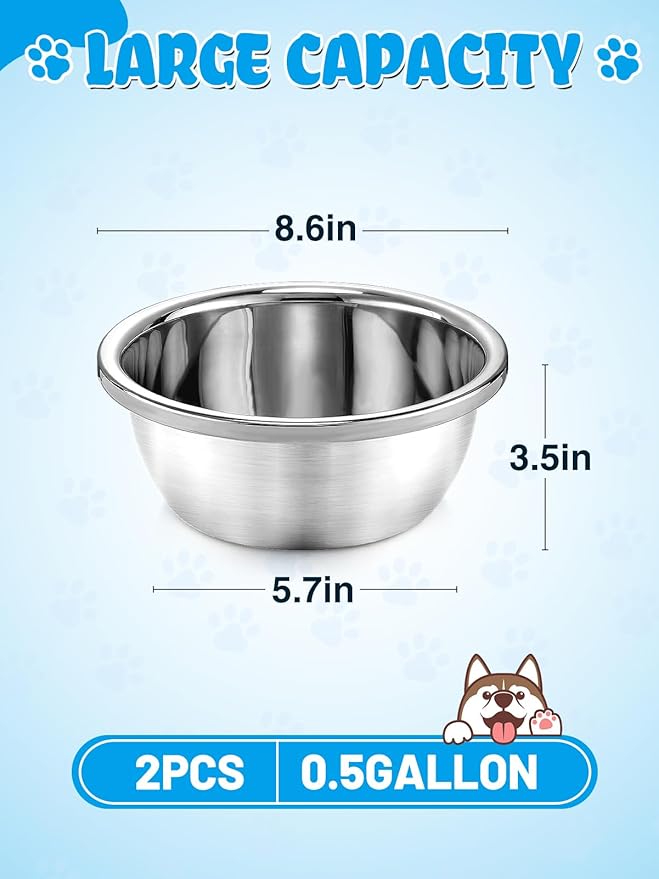 2 Pcs 0.5 Gallon Dog Bowls for Small Dogs - Food Grade Stainless Steel Metal Water Bowl, Easy to Clean Food Bowls for Indoor Outdoor