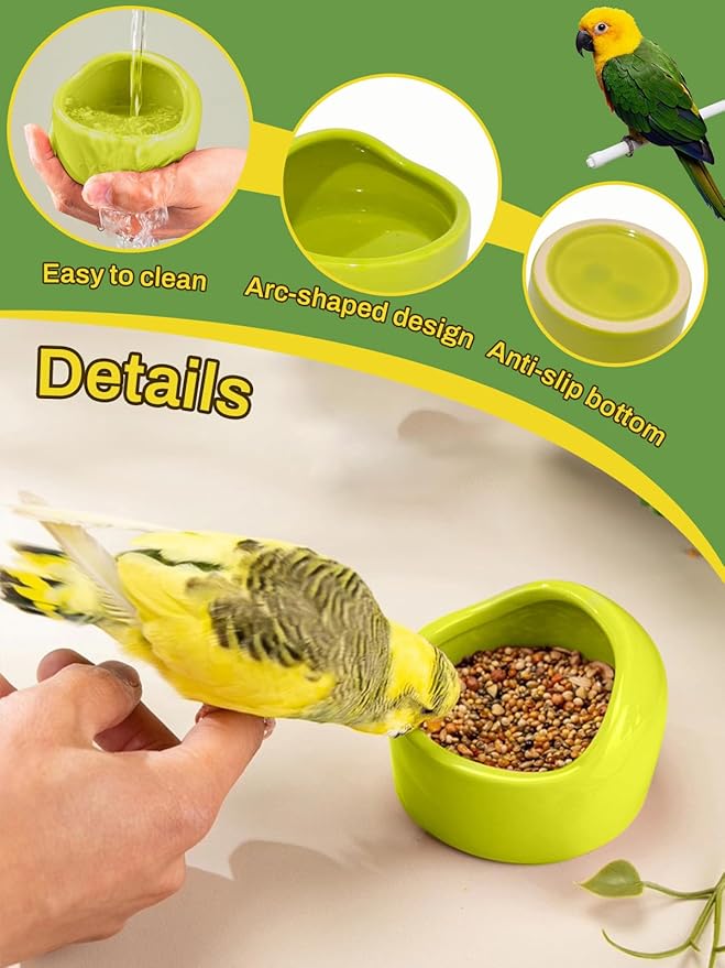 2 Pcs Ceramic Bird Food Bowls Parakeet Cage Water Bowl Birds Feeding Dish Parrot Water Feeder for Cage for Parakeets Conure Cockatiels Lovebird Budgie (Green)