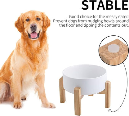 White Elevated/Raised Dog Bowl Ceramic for Medium Large Sized Breed,Dog Food Water Bowl with Stand,8 in 7.6 Cups Non Slip Heavy Weighted Dog Dish
