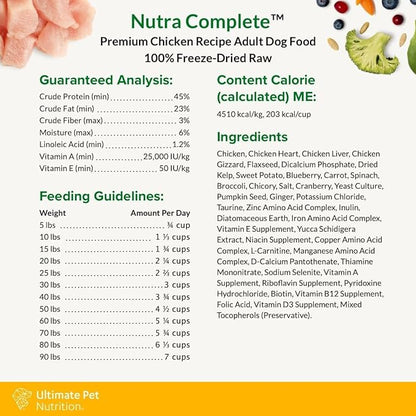 ULTIMATE PET NUTRITION Nutra Complete, 100% Freeze Dried Raw Veterinarian Formulated Dog Food with Antioxidants Prebiotics and Amino Acids (3 Pound (Pack of 4), Chicken)
