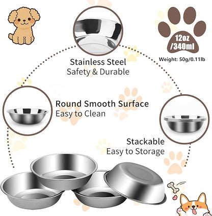 ACEONE Cat Bowls Stainless Steel, 4 Pack Whisker Friendly Cat Dishes for Food and Water, Metal Whisker Fatigue Pet Bowl for Small Dogs and Cats, 12oz