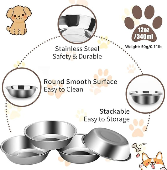 ACEONE Cat Bowls Stainless Steel, 4 Pack Whisker Friendly Cat Dishes for Food and Water, Metal Whisker Fatigue Pet Bowl for Small Dogs and Cats, 12oz