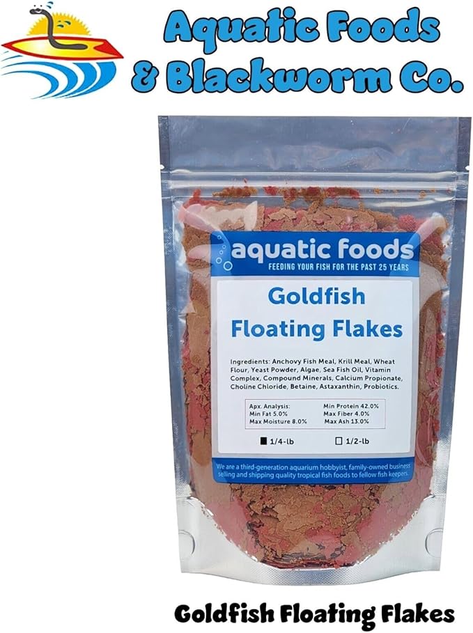 Aquatic Foods Inc. Goldfish Flakes, 42% Protein Color Enhancing and Spirulina Flakes for Aquarium & Pond Goldfish, Koi and All Pond Fish...WL…1/4-lb Foil Pouch Bag