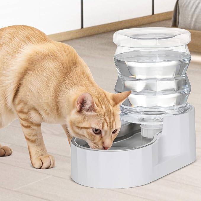 RIZZARI Gravity Water Bowl Dispenser for Cats: 3L White Stainless Steel Water Feeder Without Filter - 100% BPA-Free Automatic Dispenser Home Use