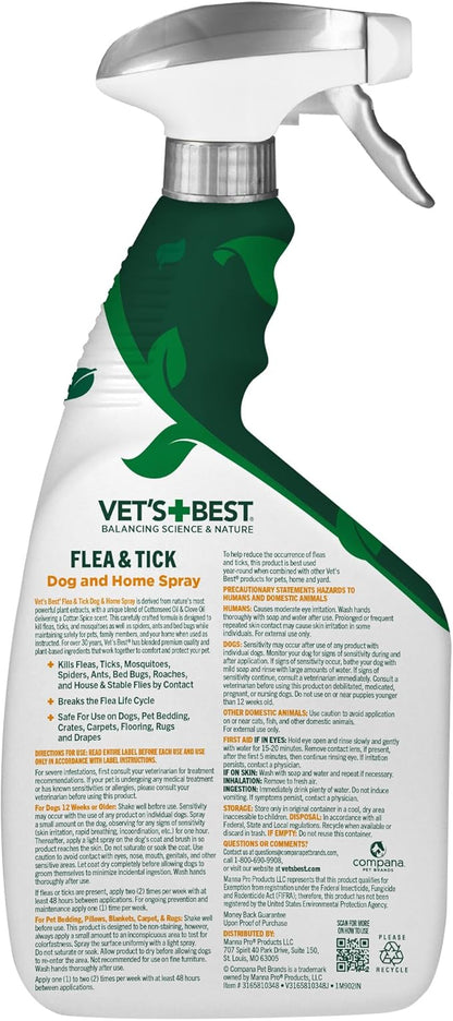 Vet’s Best Indoor Flea and Tick Spray – Dog Flea and Tick Treatment for Home, Plant-Based Formula with Natural Oils, Kills Fleas, Eggs & Ticks on Contact, Made in USA, 32 oz