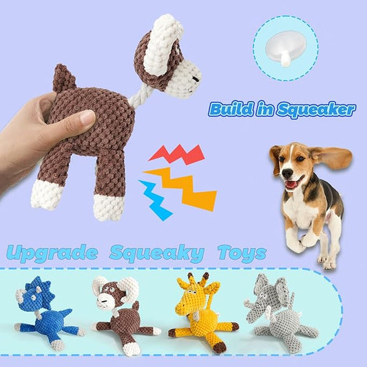 4-Pack Squeaky Dog Toys Durable Ropes Chew Stuffed Animals Toys Interactive Tug of War Plush Dog Toy with Whistle Bundle Pet Toys Set: Giraffe, Dinosaur, Cow and Elephant Dog Toy to Keep Them Busy