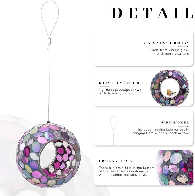 VCUTEKA Mosaic Bird Feeder, Round Glass Container Hanging Bird Feeders for Gardens, Yards, Decks to Attract Wild Birds, 7-Inch Purple