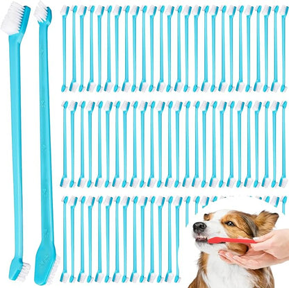 Brand Name 100pcs Double Headed Soft Bristle Toothbrush Brush Kit - Long Handle for Dogs, Cats & Pets - Blue