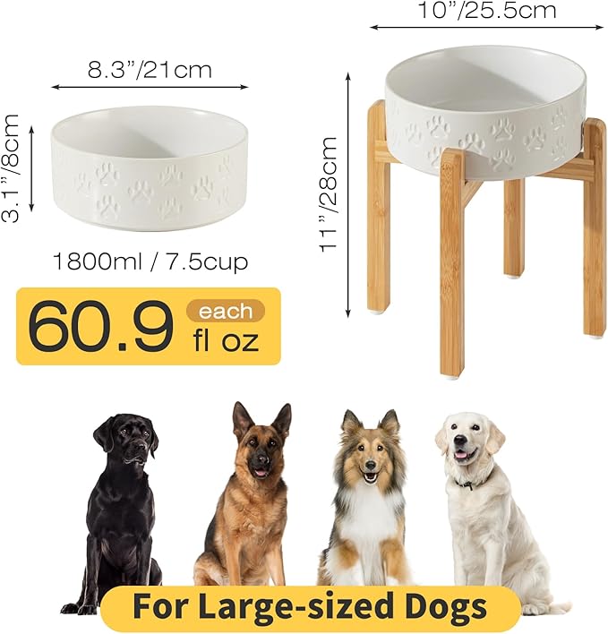 2 Pack Elevated Ceramic Dog Bowls, 8.3 inch Raised Dog Bowl for Large Sized Dogs, 10" Wide x 11" Tall, Dishwasher Safe (Double Bowls + Double Stands - White, 8 inch)
