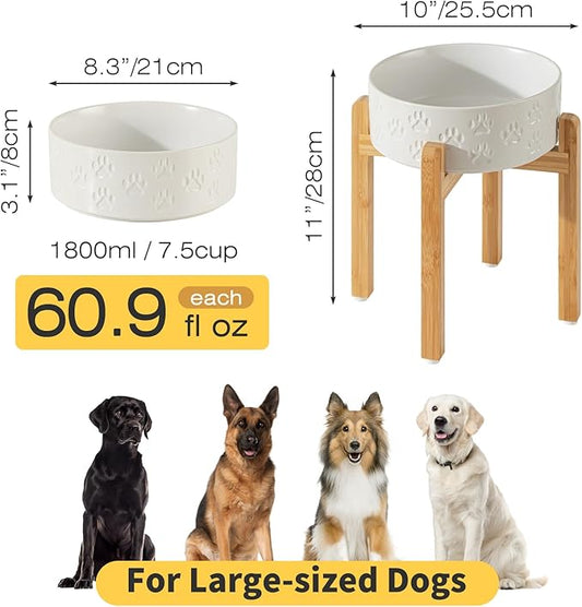 2 Pack Elevated Ceramic Dog Bowls, 8.3 inch Raised Dog Bowl for Large Sized Dogs, 10" Wide x 11" Tall, Dishwasher Safe (Double Bowls + Double Stands - White, 8 inch)
