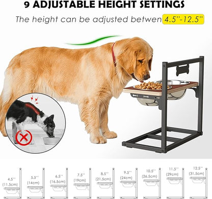 Elevated Dog Bowls with Slow Feeder - 9 Heights Adjustable Raised Dog Bowl Stand with Two 1.7L Stainless Steel Pet Food Bowls & Slow Feeder, Perfect for Medium Large Sized Dogs and Cats