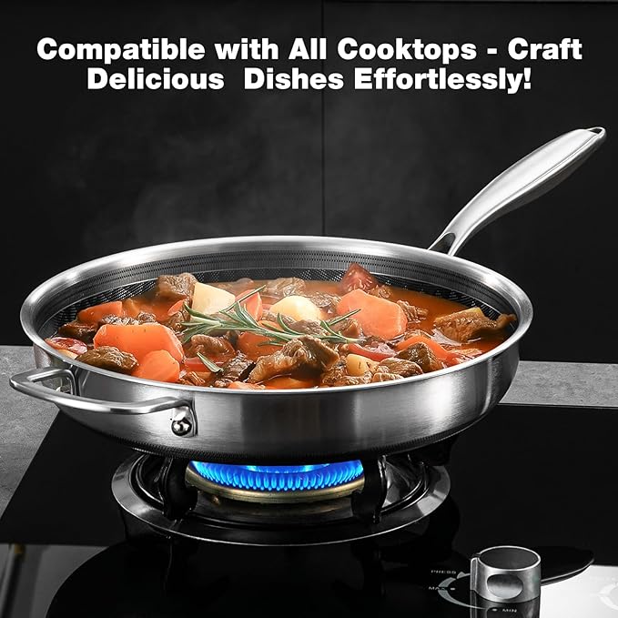 12-Inch Non Stick Frying Pans, Ceramic Coating NonStick Stainless Steel Pan Set, Tri-Ply Skillets and Pan Set with Lid, Cool-Touch Handle, Dishwasher and Oven Safe