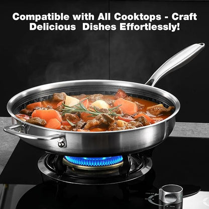 12-Inch Non Stick Frying Pans, Ceramic Coating NonStick Stainless Steel Pan Set, Tri-Ply Skillets and Pan Set with Lid, Cool-Touch Handle, Dishwasher and Oven Safe