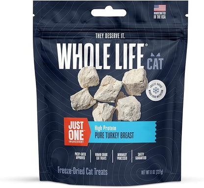 Whole Life Cat Just One Turkey Freeze Dried Cat Treats - Human Grade High Protein Food, Healthy Training Snacks, Freeze Dried Turkey Food Toppers, USA Made Natural Treats - 8 oz (Pack of 1)