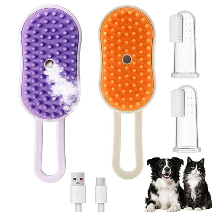 2-Pack Cat Steam Brush for Shedding, Rechargeable 4-in-1 Multifunctional Grooming Tool for Cats & Dogs - Deshedding, Cleaning, Massage & Detangling,2-Pack Pet Finger Toothbrush (Orange, Purple)