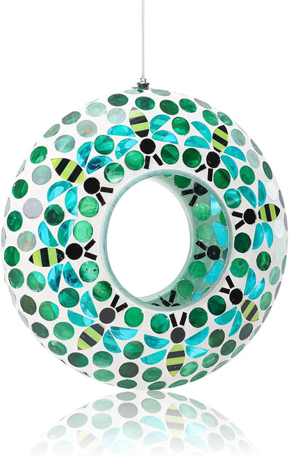 VCUTEKA Bird Feeder Mosaic Fly Through Bird Feeders for Outside Hanging with Round Shape Glass Container to Attract More Wild Birds for Garden, Yard, Backyard, Deck and Porch Decor, Bee 10-Inch