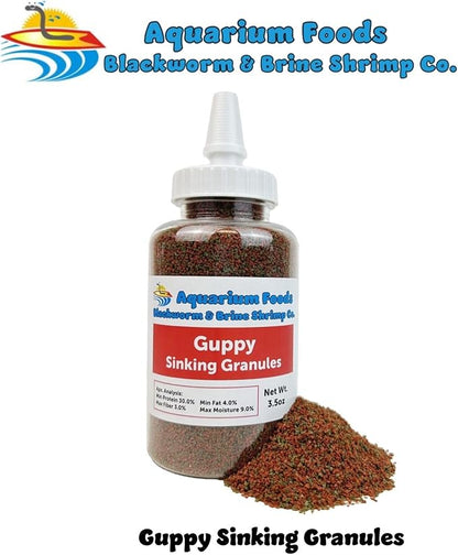Aquatic Foods Inc. Guppy Sinking Granules Fish Food for Guppies, Endlers, Mollies, Platies, Swordtails, Groumis, Tetras, Catfish, Cichlids, All Community Tropical Fish…3.5oz Squeeze Bottle