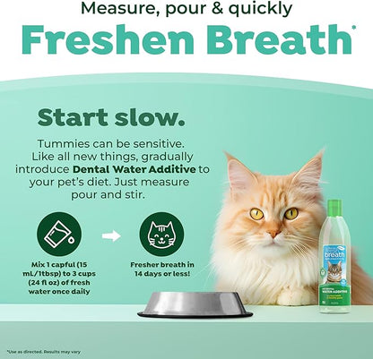 TropiClean Fresh Breath Water Additive for Cats, Cat Teeth Cleaning and Breath Freshener Solution, Complete No Brushing Dental Care, 16 oz.