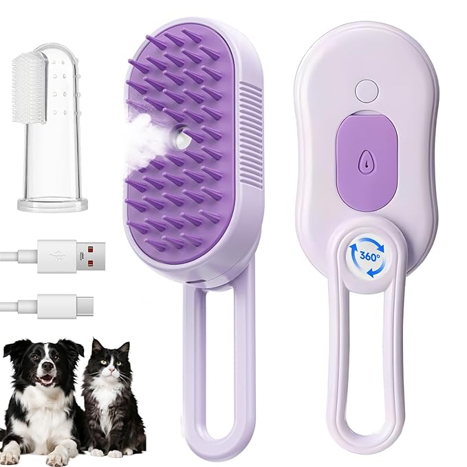 4-in-1 Cat & Dog Steam Deshedding Brush Series - Multi-Function Grooming Tool with Shedding, Cleaning, Massage & Combing -Includes Pet Finger Toothbrush for Dog＆Cat Teeth Cleaning(Purple)