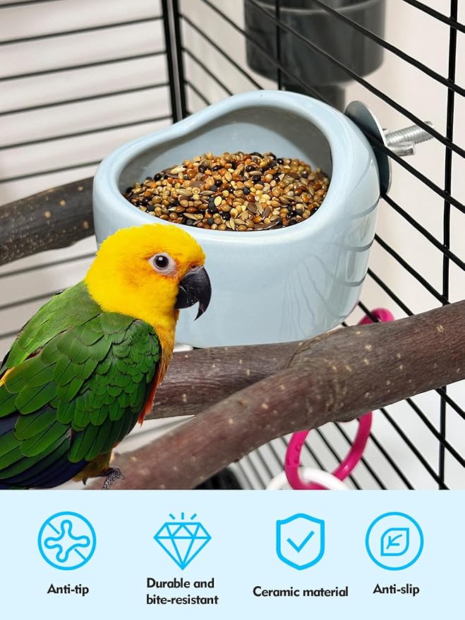 2 Pcs Pet Bird Bowls Ceramic Birds Cage Feeder Hanging Parrot Food Bowl Bird Cage Food Bowls for Budgie Finches Lovebirds Parakeet Cockatiels (Blue)