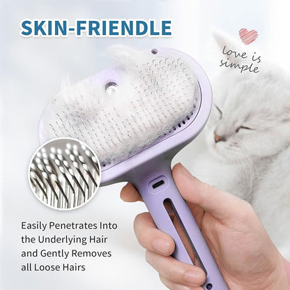 3 in 1 Steam Cat Brush for Shedding - Self-Cleaning Dog Grooming Tool for Long and Short Hair Pets - Removes Static, Flying Hair, and Loose Fur (Purple)
