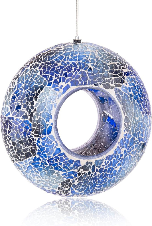 VCUTEKA Bird Feeder Mosaic Fly Through Bird Feeders for Outside Hanging with Round Shape Glass Container to Attract More Wild Birds for Garden, Yard, Backyard, Deck and Porch Decor, 8-Inch