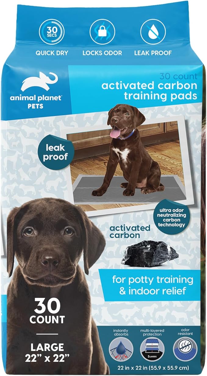 Animal Planet Pets Charcoal Puppy Pads | Extra Absorbent Dog Pee Pads - Quick Dry, Leak-Proof, Odor Neutralizing with Activated Carbon | Large 22" x 22" - 30 Count