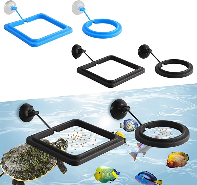 4 Pack Fish Feeding Ring for Betta Fish, Floating Food Container with Suction Cup, Square and Round Design, Black and Blue