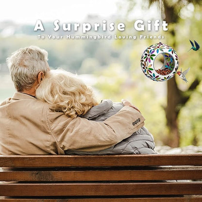 VCUTEKA Bird Feeder for Outside Hanging with Round Shape Glass Container to Attract More Wild Birds, Mosaic Fly Through for Garden, Yard, Backyard, Deck and Porch Decor, 7-Inch