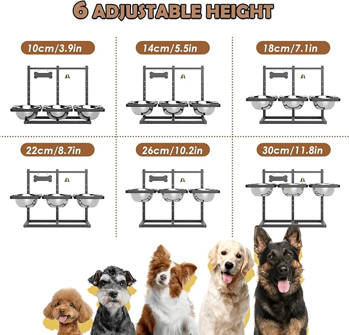 Elevated Dog Bowls for Large Dogs, 6 Height Adjustable Raised Stand with Mat, Slow Feeding Bowl and Three 1700ML Bowls, for Large Breed and Multi-Pet Households