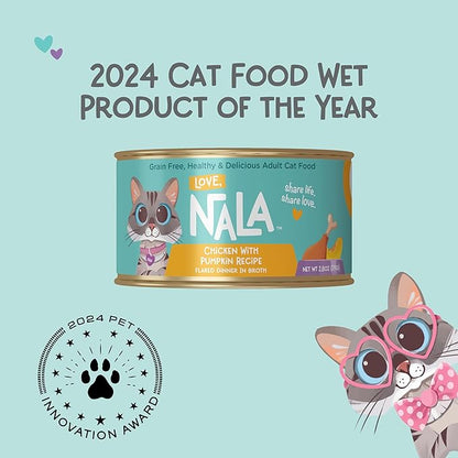 LOVE, NALA - Natural Adult Cat Wet Food - FLAKED Chicken with Pumpkin in Broth - Grain Free, Non-GMO, Digestive Fiber, Vitamins, Minerals - 12 Pack 2.4 lbs.