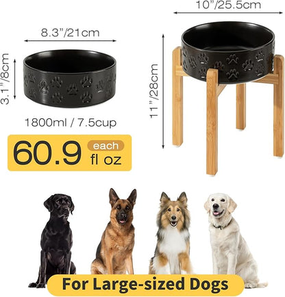 2 Pack Elevated Ceramic Dog Bowls, 8.3 inch Raised Dog Bowl for Large Sized Dogs, 10" Wide x 11" Tall, Dishwasher Safe (Double Bowls + Double Stands - Black, 8 inch)