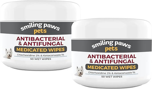 Smiling Paws Pets - Antibacterial & Antifungal Wipe for Dogs & Cats - Contains Ketoconazole & Chlorhexidine - Skin Treatment for Yeast Infection, Ringworm, Pyoderma, Bacteria & Fungus - 50ct (2 Pack)