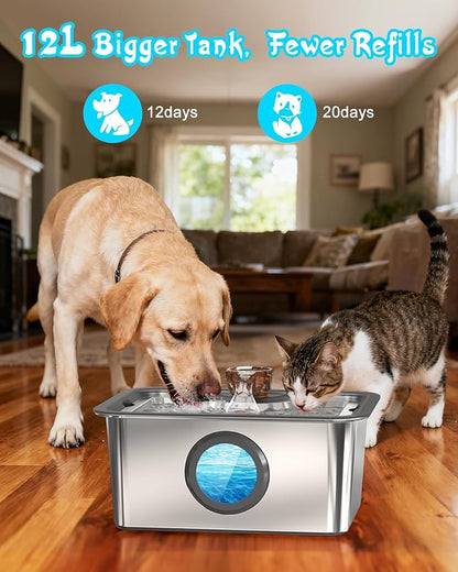 Dog Water Fountain for Large Dogs Stainless Steel 3 Gallon Big Pet Drinking Fountain with Filter, Electric Cat Watering Dispenser with Large-Filtration Area & Deeper Drinking Super Quiet