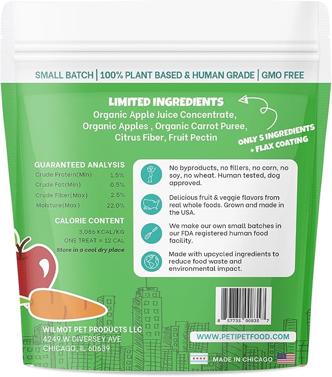 Apples+Carrots Plant-Based Fruit Dog Treats - Carrot and Apple Soft & Chewy - Healthy Vegetarian, Vegan Dog Treats with Organic Ingredients - Low-Protein, Hypoallergenic, Gluten-Free