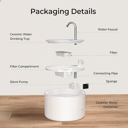 Ceramic Cat Water Fountain, 2.2L/74oz Cat Fountains for Drinking Indoor, Automatic Pet Water Dispenser with Ultra-Quiet Pump and Replacement Filter, Kitty Watering Supplies, Easy Clean BPA-Free