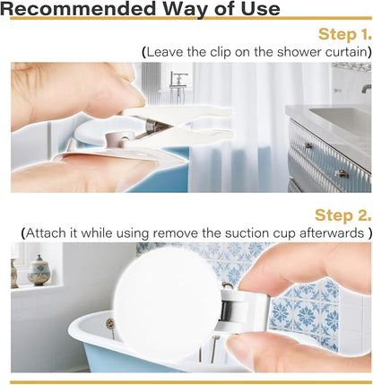 6 Packs Shower Curtain Clips with Suction Cup to Prevent Water Splashing Out, Windproof Splash Guard | Just Press Clip onto Wall| White