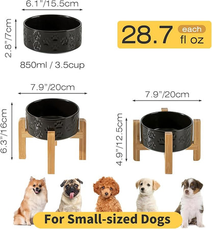 2 Pack Elevated Ceramic Dog Bowls, 6.1 inch Raised Dog Bowl with 2-Height Adjustable Stand for Small Dogs, Reducing Neck Strain (Double Bowls + Double Stands - Black, 6 inch)