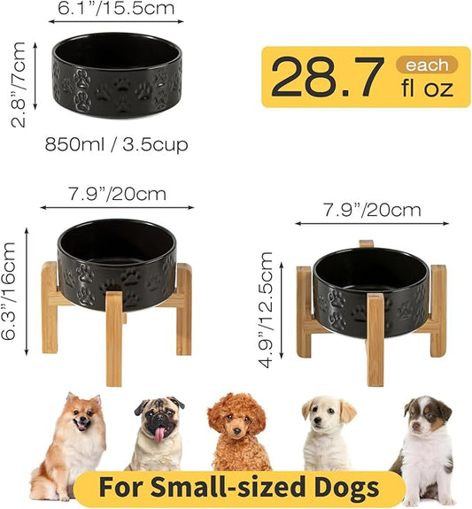 2 Pack Elevated Ceramic Dog Bowls, 6.1 inch Raised Dog Bowl with 2-Height Adjustable Stand for Small Dogs, Reducing Neck Strain (Double Bowls + Double Stands - Black, 6 inch)