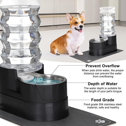 RIZZARI Large Water Dispenser for Dogs: 8L Gravity Black Automatic Stainless Steel Waterer - 100% BPA Free - Raised Pet Feeder for Pet Dogs Indoor/Outdoor