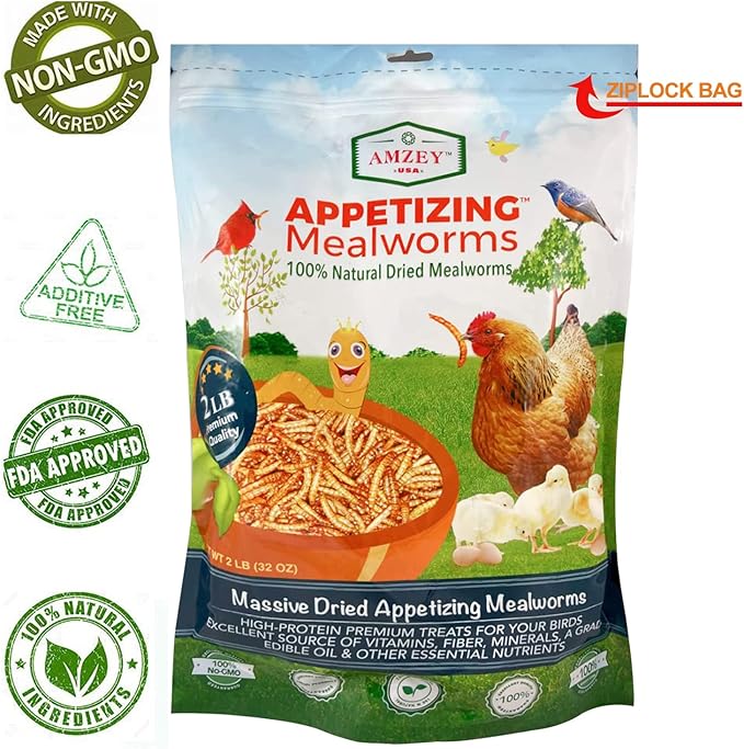 Amzey Dried Mealworms 2 LB, 100% Natural Meal Worms for Chicken & Birds, Organic Chicken Feed for Laying Hens, High Protein and Nutrition, Zipped Bag