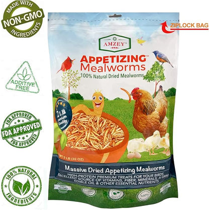 Amzey Dried Mealworms 2 LB, 100% Natural Meal Worms for Chicken & Birds, Organic Chicken Feed for Laying Hens, High Protein and Nutrition, Zipped Bag
