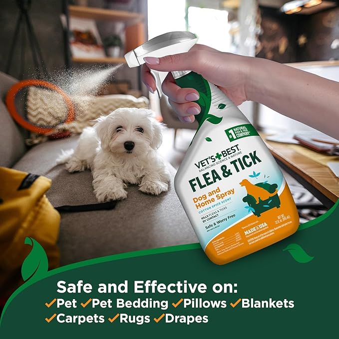 Vet's Best Natural Indoor Flea and Tick Spray – Dog Flea and Tick Treatment for Home, Plant-Based Formula with Natural Oils, Kills Fleas, Eggs & Ticks on Contact, USA Made, Cotton Spice, 32 oz, 2-Pack