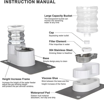 RIZZARI Automatic Pet Water Dispenser: 5L White Cats and Dogs Gravity Feeder - Stainless Steel Bowl - Outdoor Hiking Use.
