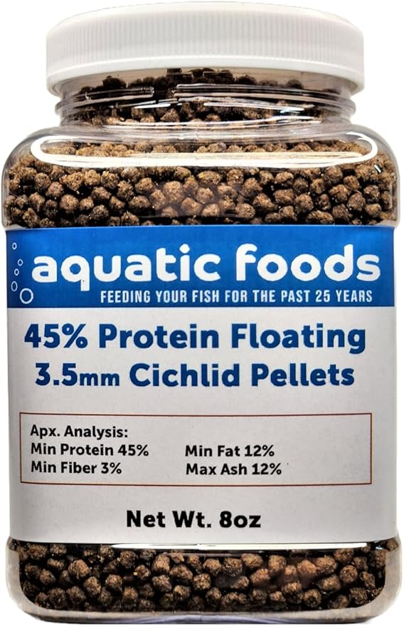 Aquatic Foods Inc. Cichlid Pellets, 45% Protein Floating 3.5mm (9/64") Pellets for Discus,Oscars, Central American, South American Cichlids…8oz Small Jar