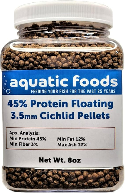 Aquatic Foods Inc. Cichlid Pellets, 45% Protein Floating 3.5mm (9/64") Pellets for Discus,Oscars, Central American, South American Cichlids…8oz Small Jar